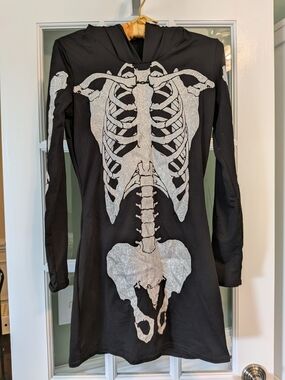 Spirit Black Hooded Skeleton Dress with Silver Glitter Bones Size Small Sexy
